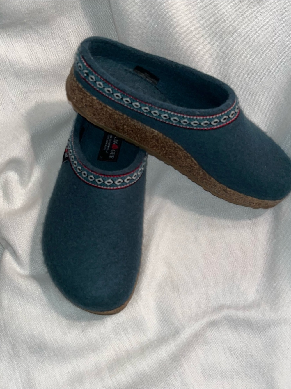 Haflinger GZ classic green w/ decorative trim wool slip on clogs Sz.38/7-7.5